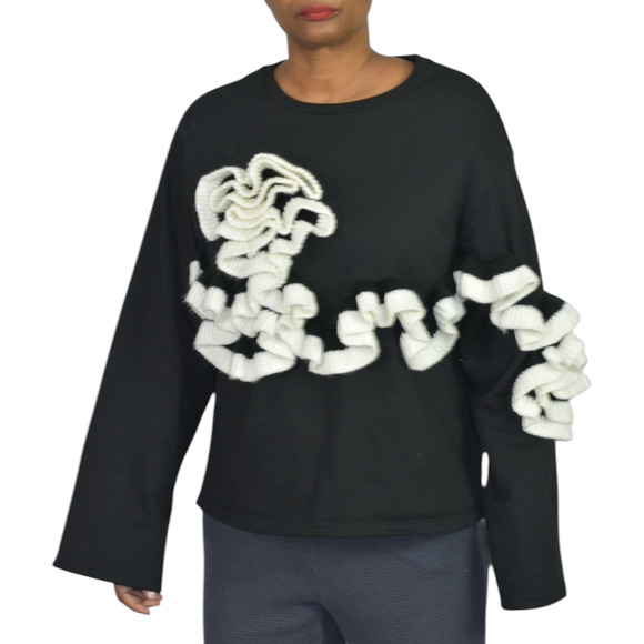 Zara Swirl Ruffle Sweatshirt Black Terry Fleece Crew Neck Trumpet Sleeve Medium - Picture 1 of 15